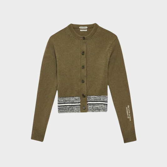 Tasoni JW Anderson khaki wool cardigan with contrast striped trim and button-front closure