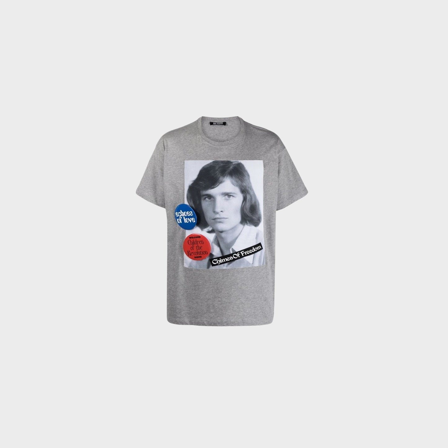 Raf Simons T-Shirt, Print, Cotton Big Fit Crew Neck T-Shirt in Grey w/ "Chimes of Freedom" Patch and Badges #5