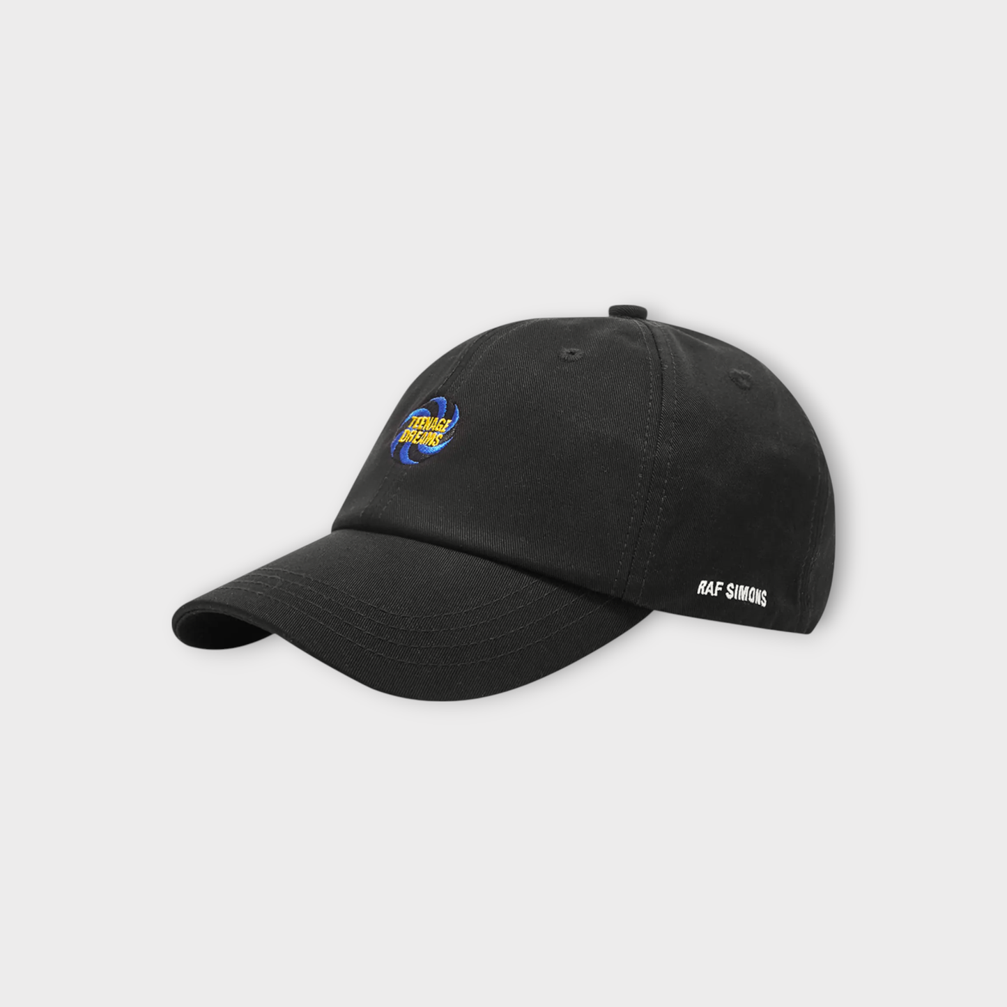 Raf Simons Hat, Black, Cotton Basic Baseball Cap in Black Night w/ "Teenage Dreams" Badge