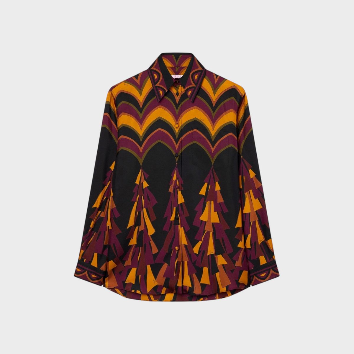 Tasoni Pucci silk twill shirt in vibrant orange, black, and purple with a bold geometric print and pointed collar.