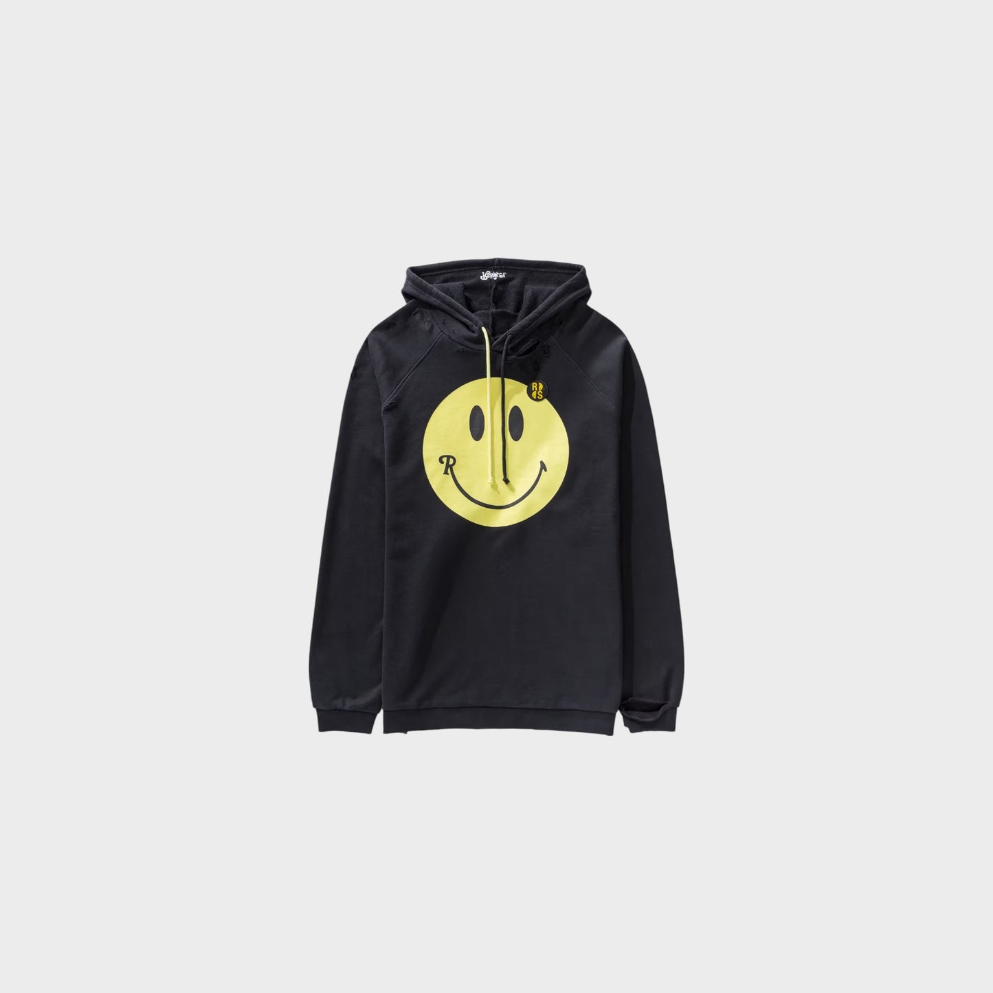 Raf Simons Sweatshirt, Print, RS x Smiley Cotton Jersey Destroy Washed 50th Anniversary Hoodie in Black w/ Yellow Smiley Print