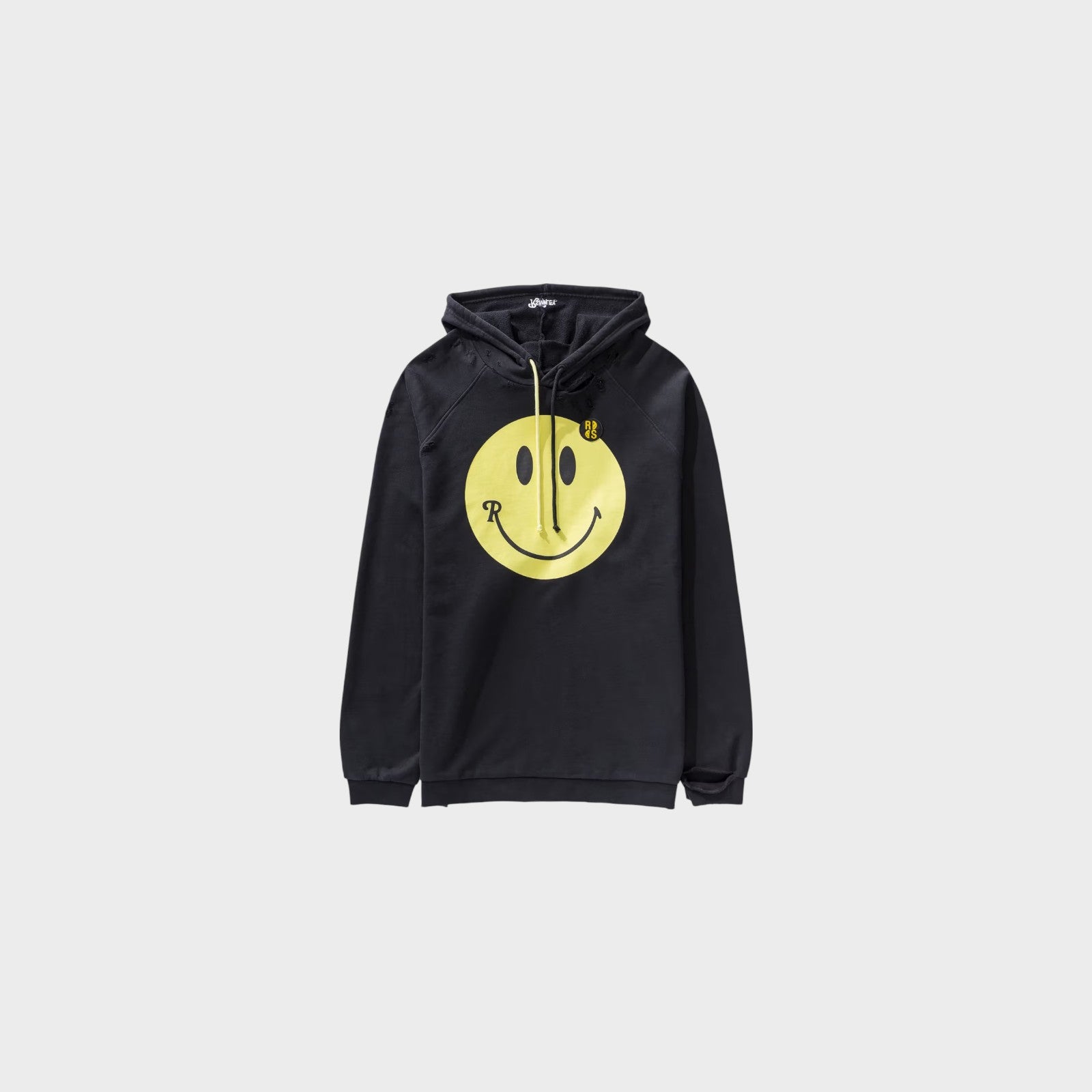 Raf Simons Sweatshirt, Print, RS x Smiley Cotton Jersey Destroy Washed 50th Anniversary Hoodie in Black w/ Yellow Smiley Print