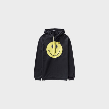 Raf Simons Sweatshirt, Print, RS x Smiley Cotton Jersey Destroy Washed 50th Anniversary Hoodie in Black w/ Yellow Smiley Print