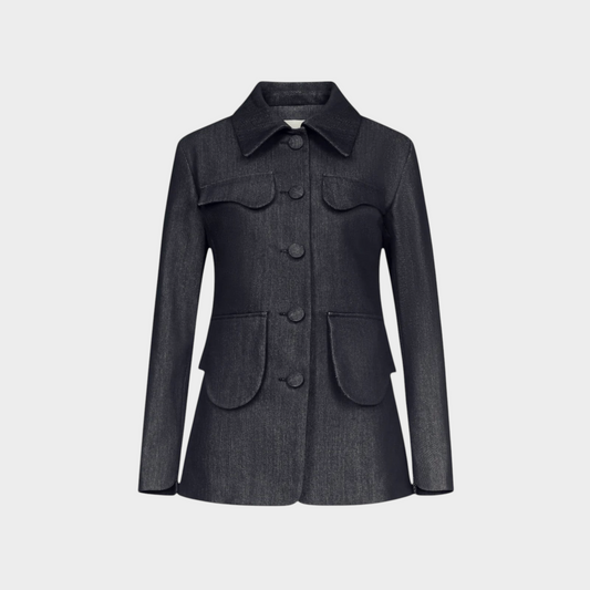 Tasoni Destree Tamara dark blue denim blazer with a single-breasted design, notched lapels, and flap pockets.