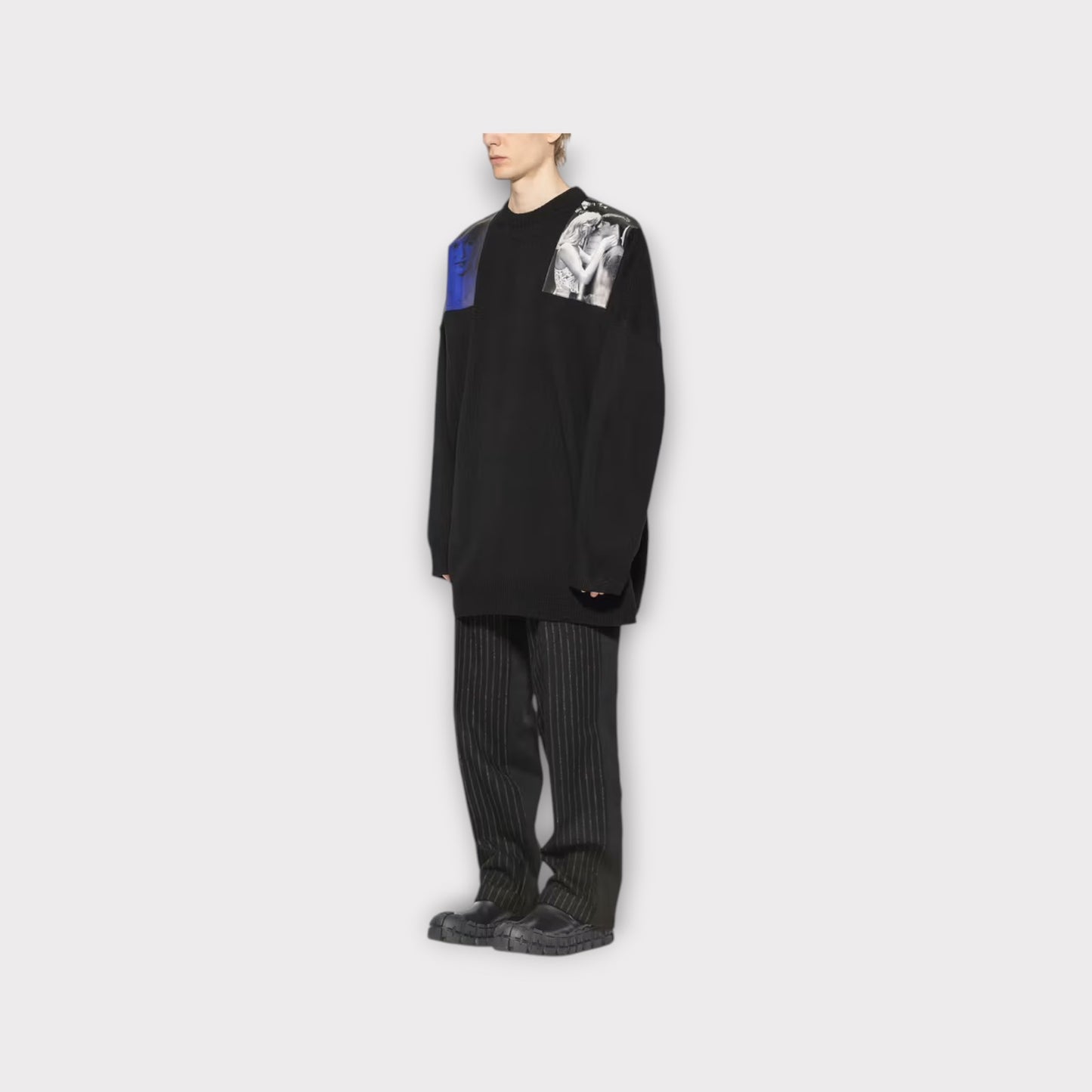Raf Simons Knitwear, Black, Jersey Cotton Oversized Crew Neck Sweater w/ "Blue Velvet" Print Shoulder Patches