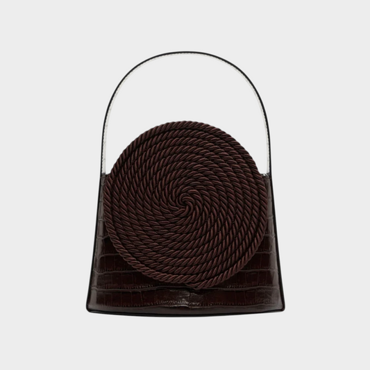 Tasoni Destree Gunther dark brown croco-embossed leather bag with circular passementerie trim and top handle