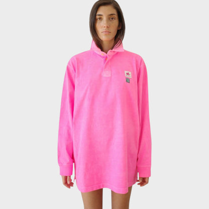 Conner Ives Top, Pink, Cotton Rugby Long Sleeve Top In Neon Pink