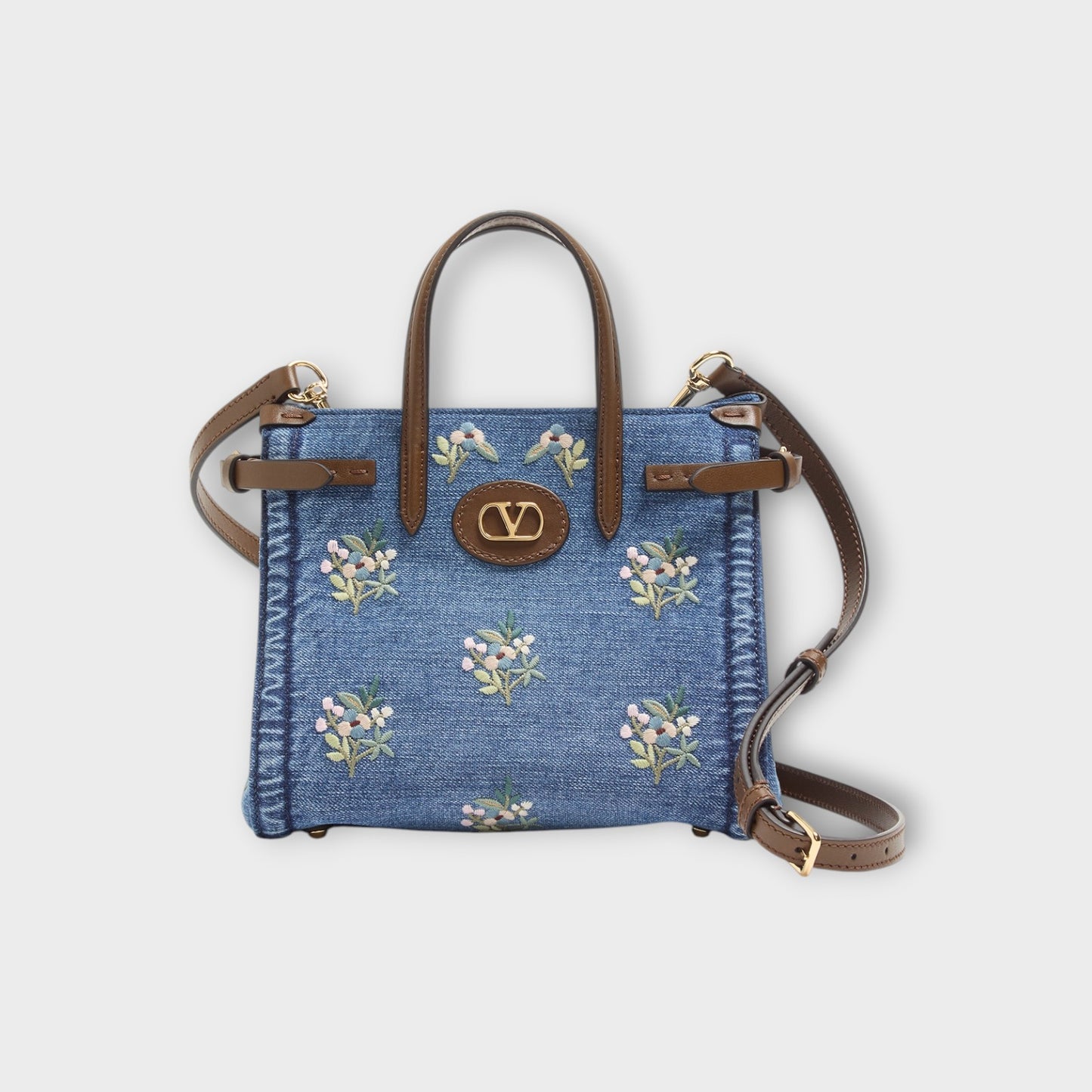 Valentino Bag, Multi, Denim Small Tote In Denim & Multicolor w/ Flower Bouquet Embroidery