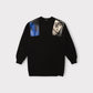 Raf Simons Knitwear, Black, Jersey Cotton Oversized Crew Neck Sweater w/ "Blue Velvet" Print Shoulder Patches