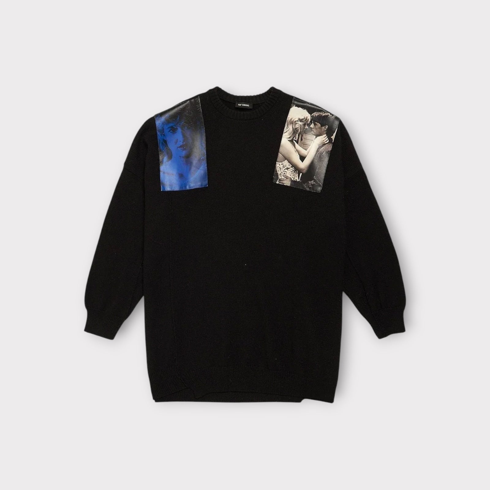 Raf Simons Knitwear, Black, Jersey Cotton Oversized Crew Neck Sweater w/ "Blue Velvet" Print Shoulder Patches
