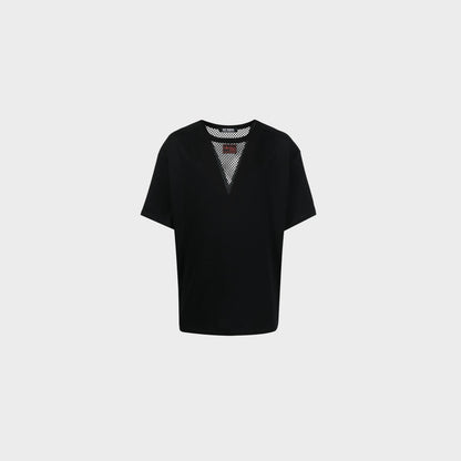Raf Simons T-shirt, Black, Cotton Crew Neck Short Sleeve T-Shirt in Black Dark Grey w/ Net V-Neck