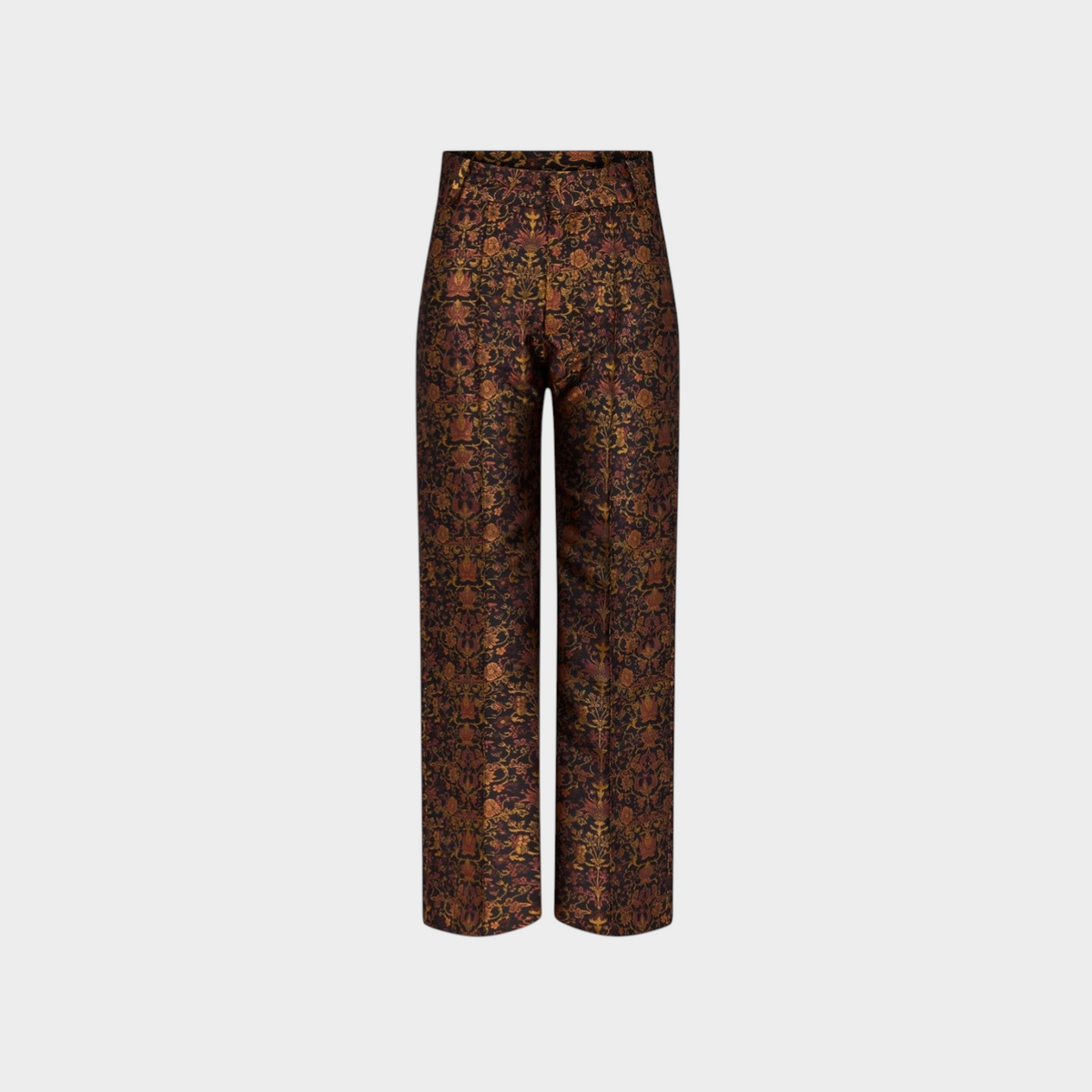 Tasoni Destree Yoshitomo Garden tailored trousers in black and rust woven fabric with an artistic floral motif.