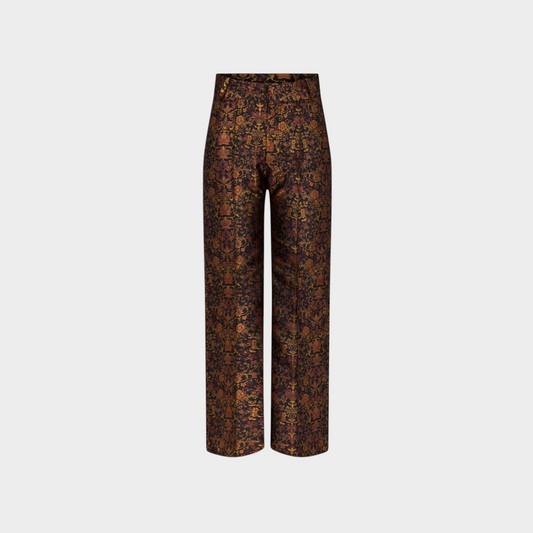 Tasoni Destree Yoshitomo Garden tailored trousers in black and rust woven fabric with an artistic floral motif.