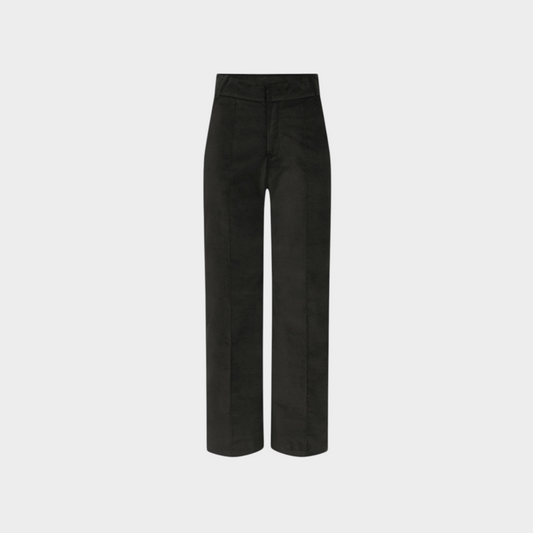Tasoni Destree Talia black velvet suit trousers with a high-waisted, wide-leg tailored silhouette.