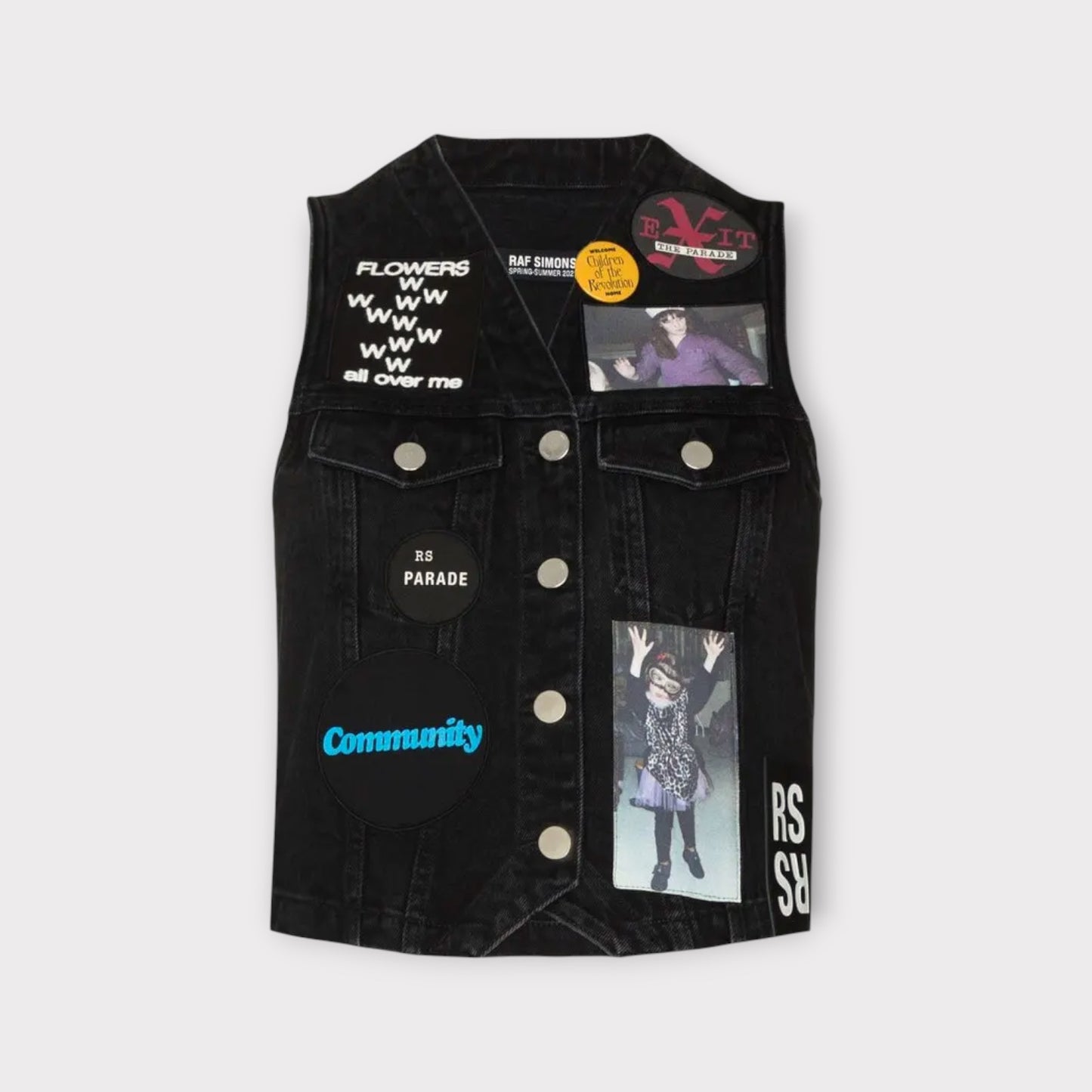 Raf Simons Vest, Black, Cotton Denim V-Neck Button Up Gilet w/ Patches and Badges