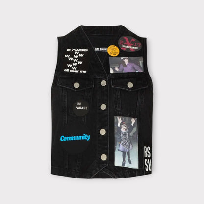 Raf Simons Vest, Black, Cotton Denim V-Neck Button Up Gilet w/ Patches and Badges