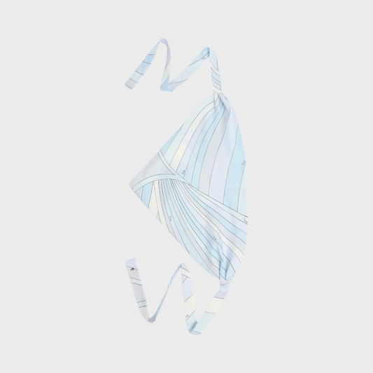 Tasoni Pucci silk twill headscarf in a vibrant blue geometric print with a lustrous finish and tie-back straps.
