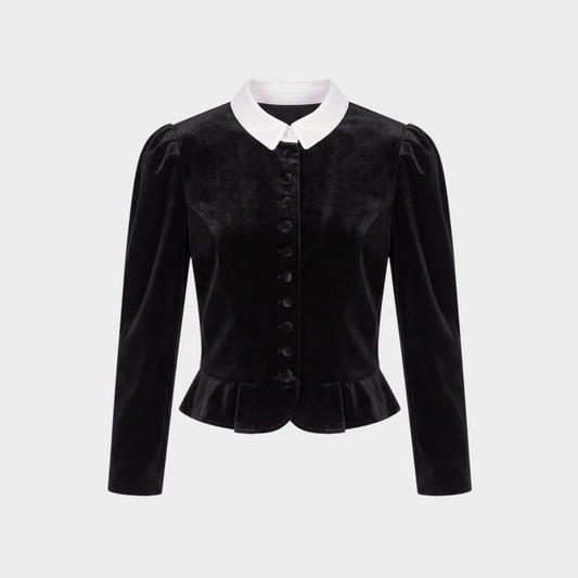 Tasoni Destree Amoako black velvet jacket with a contrasting white collar and button-down front