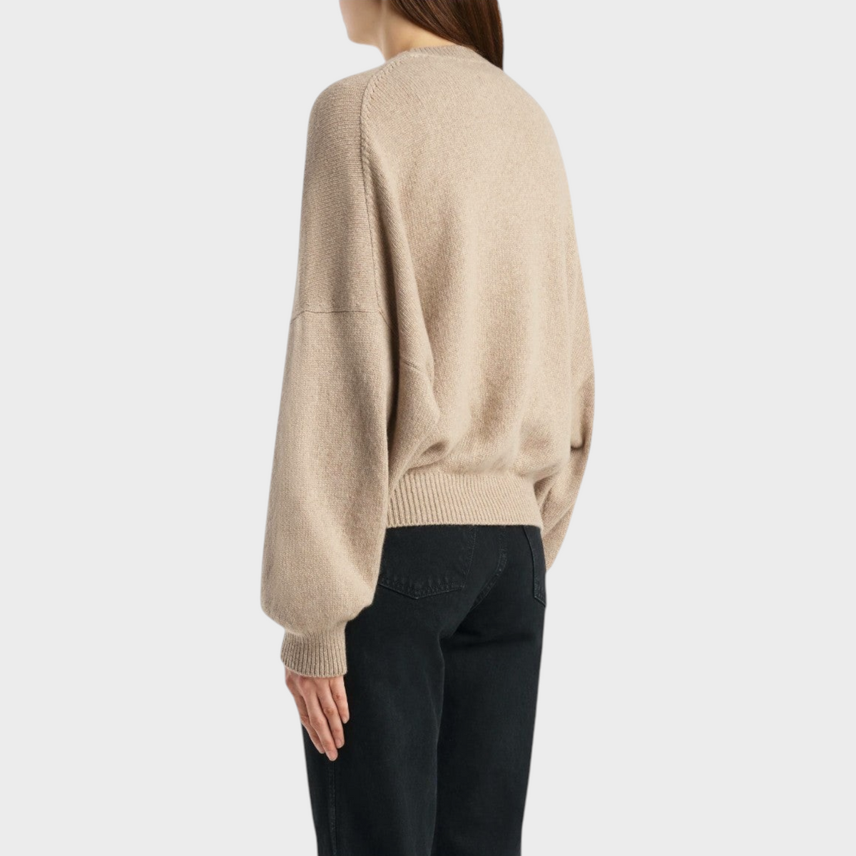 Tasoni Khaite Margaux cashmere sweater in putty featuring a relaxed fit, ribbed crewneck, and dropped shoulders.