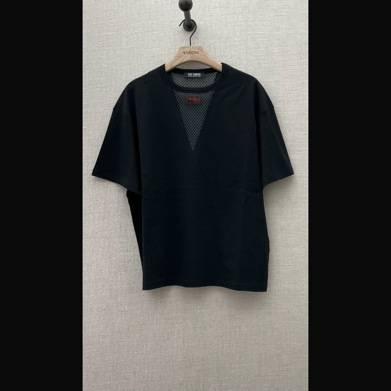 Raf Simons T-shirt, Black, Cotton Crew Neck Short Sleeve T-Shirt in Black Dark Grey w/ Net V-Neck