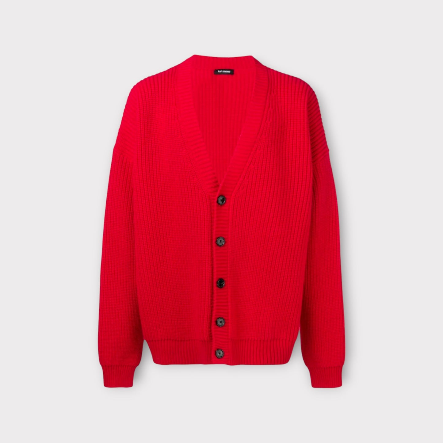 Raf Simons Knitwear, Multi, V-Neck Pink and Green Cardigan w/ Leather Patches