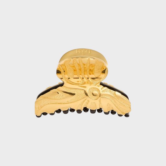 Tasoni Pucci Marmo hair claw in gold-tone metal with a marbled resin finish and sculptural curved design.