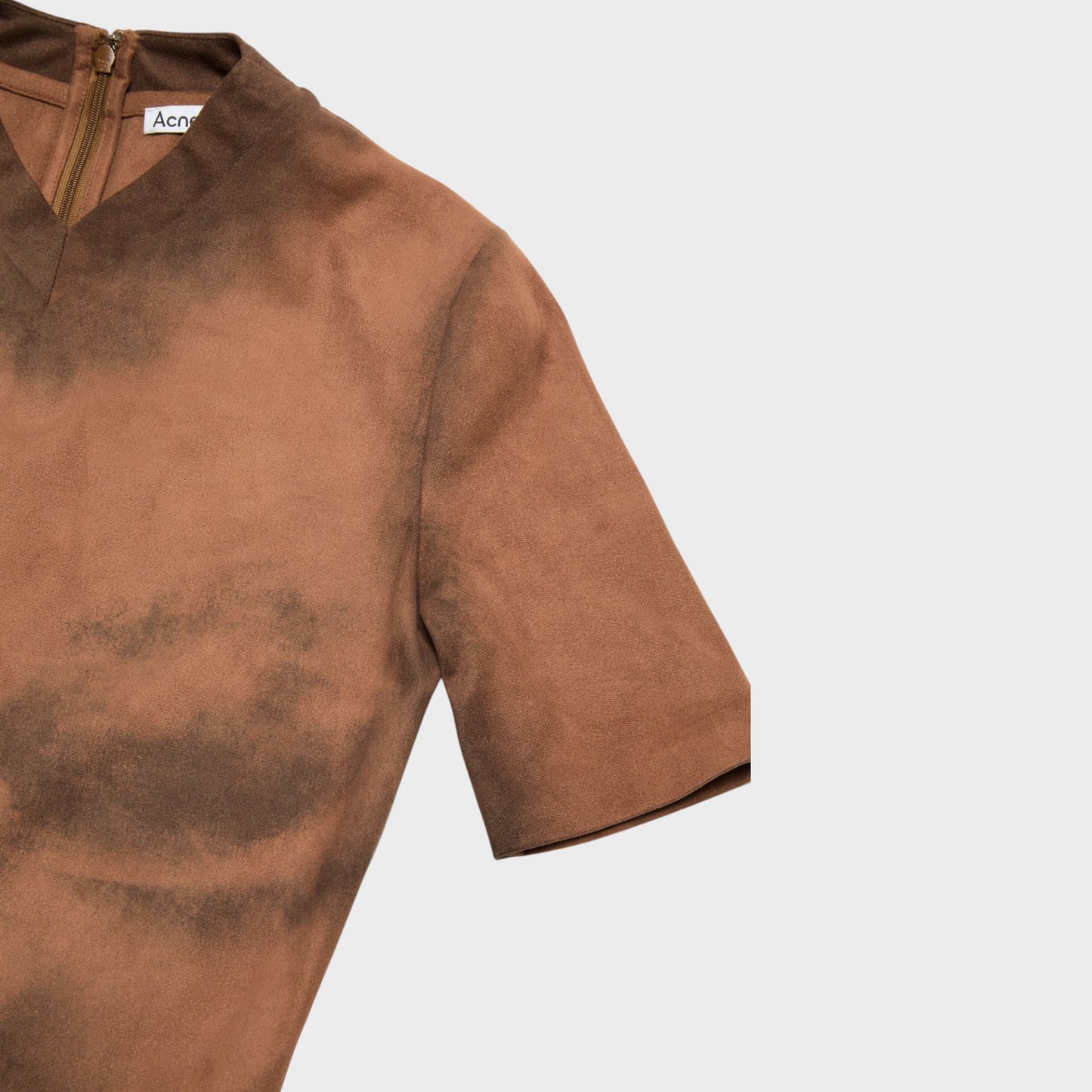 Tasoni Acne Studio fitted short sleeve long dress in cognac brown with trompe-l’œil body print and V-neck.
