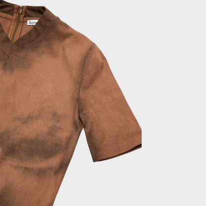 Tasoni Acne Studio fitted short sleeve long dress in cognac brown with trompe-l’œil body print and V-neck.
