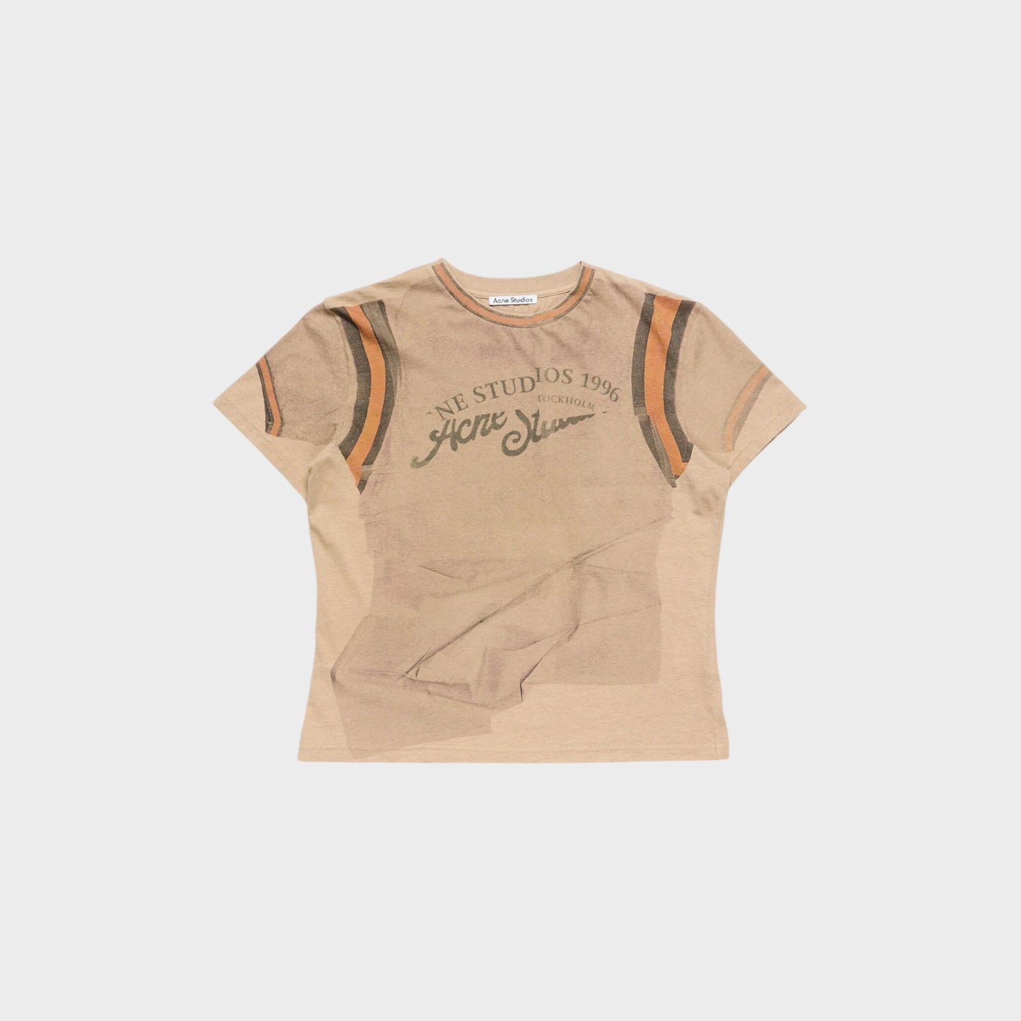 Tasoni Acne Studios sand beige cotton regular crew neck t-shirt with logo print and striped sleeves.