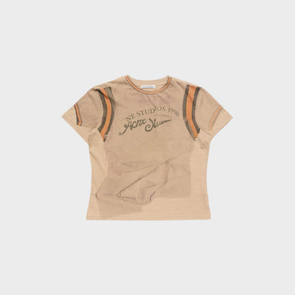 Tasoni Acne Studios sand beige cotton regular crew neck t-shirt with logo print and striped sleeves.