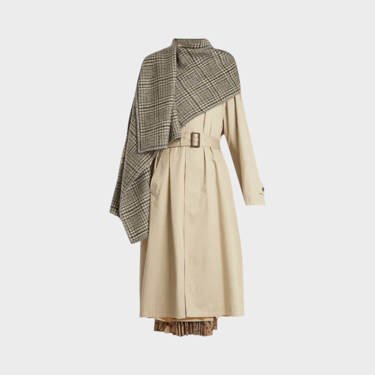 Tasoni Balenciaga beige hybrid car coat featuring a draped grey plaid scarf detail and a belted waist.