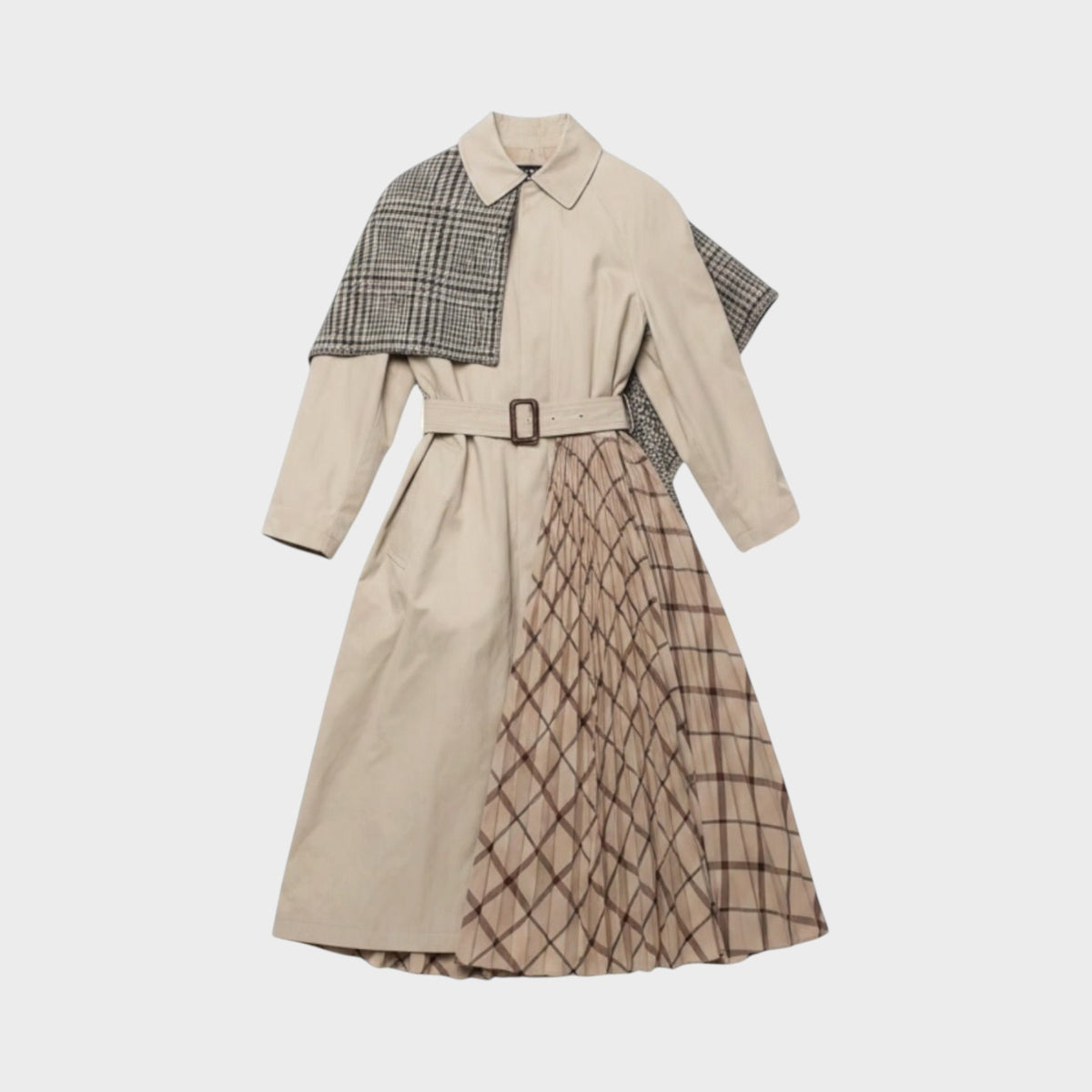 Tasoni Balenciaga beige hybrid car coat featuring a pleated plaid skirt panel and a belted waist.