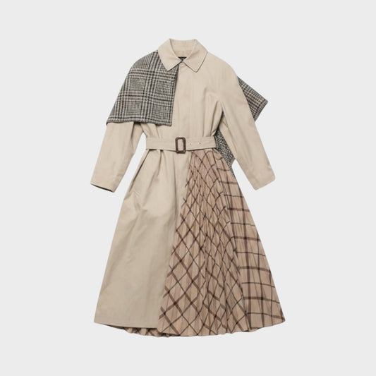 Tasoni Balenciaga beige hybrid car coat featuring a pleated plaid skirt panel and a belted waist.