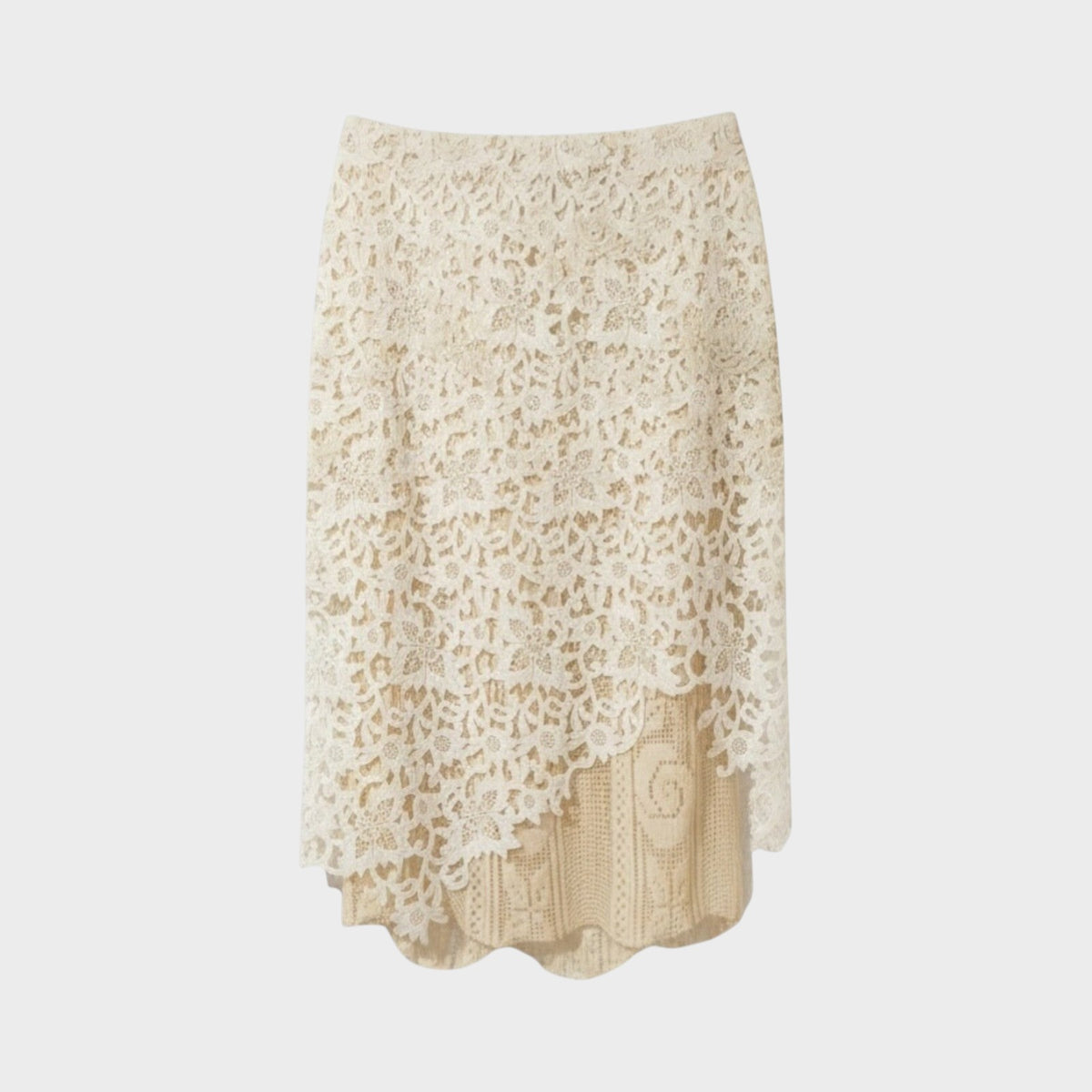 Tasoni Balenciaga beige lace layering skirt with an asymmetrical hem and intricate floral pattern