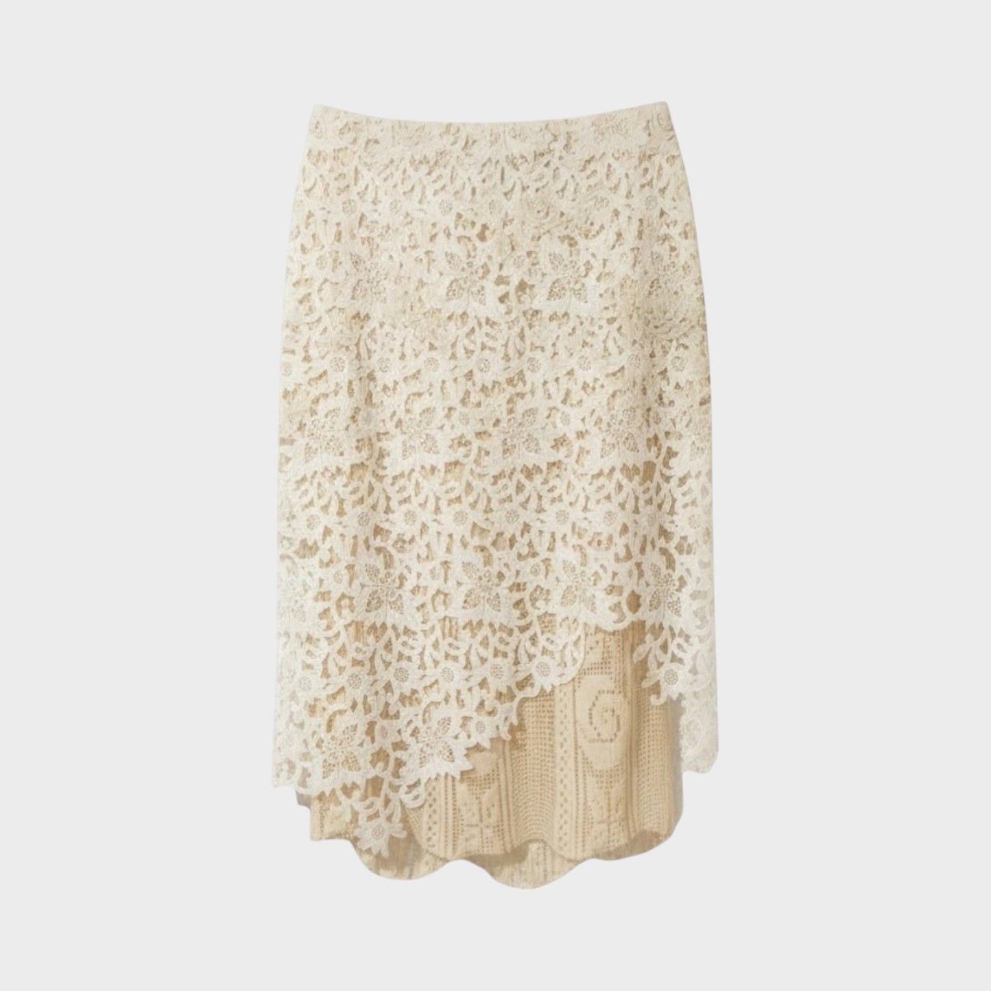 Tasoni Balenciaga beige lace layering skirt with an asymmetrical hem and intricate floral pattern