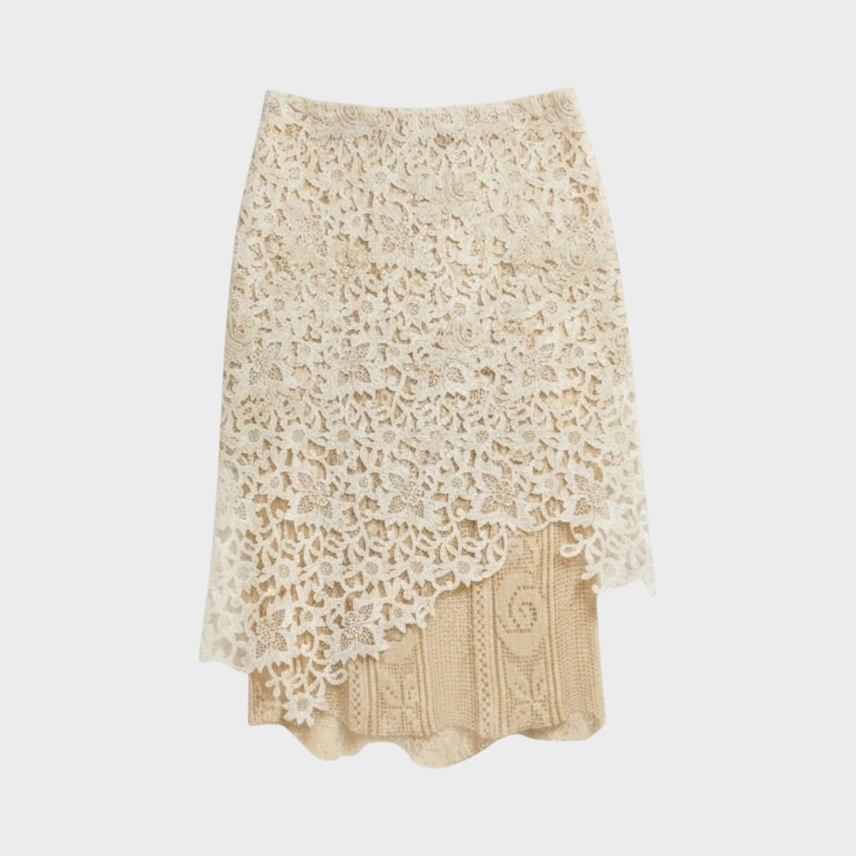 Tasoni Balenciaga beige lace layering skirt with intricate floral patterns and a textured knit base layer