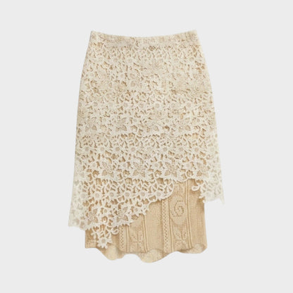 Tasoni Balenciaga beige lace layering skirt with intricate floral patterns and a textured knit base layer