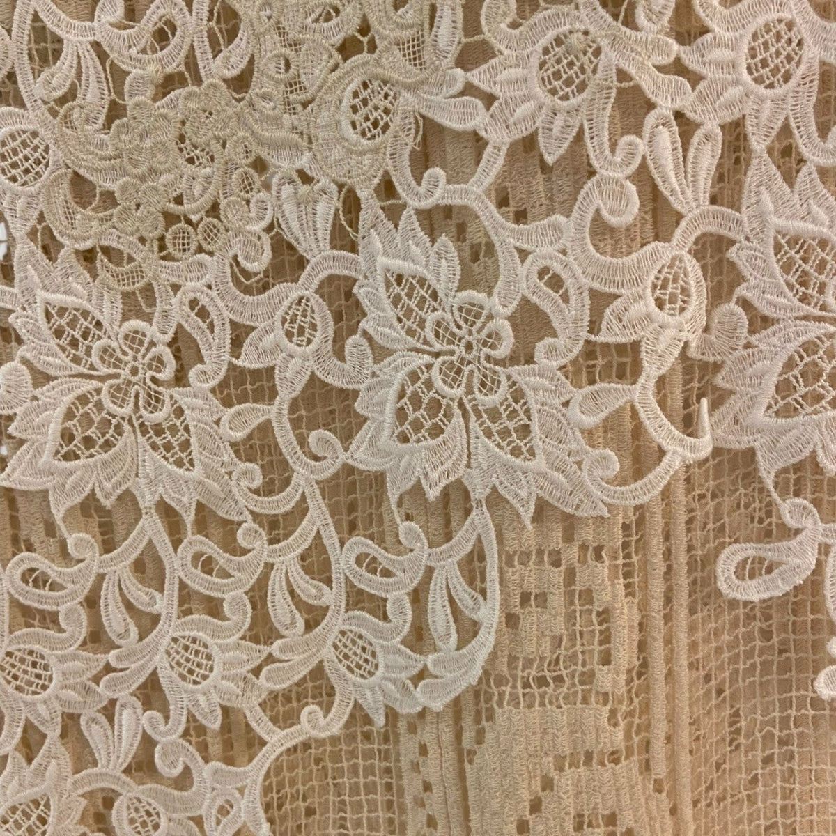 Tasoni Balenciaga beige lace layering skirt featuring intricate floral embroidery and delicate mesh detailing.