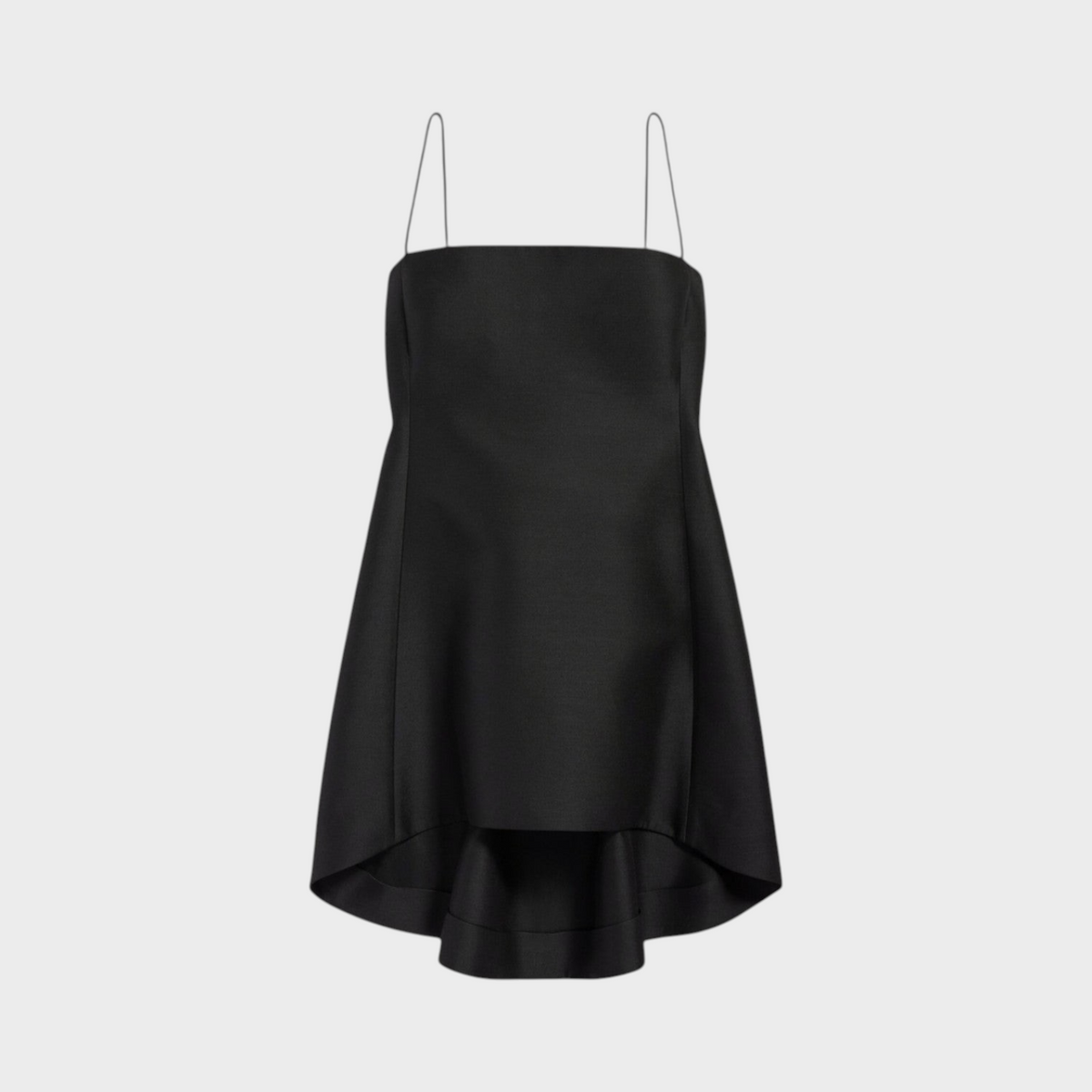 Tasoni Balenciaga black wool and silk babydoll dress with thin spaghetti straps and a high-low hemline.