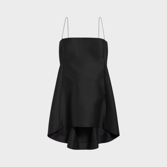 Tasoni Balenciaga black wool and silk babydoll dress with thin spaghetti straps and a high-low hemline.