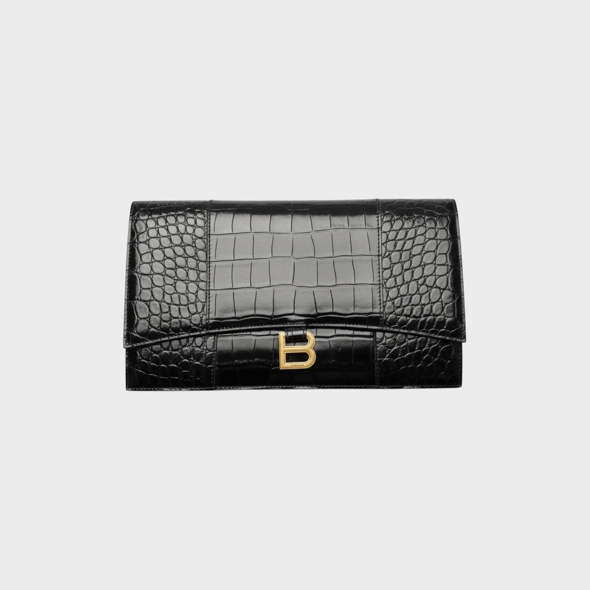 Tasoni Balenciaga black shiny calf skin pouch with embossed crocodile texture and gold B logo hardware.