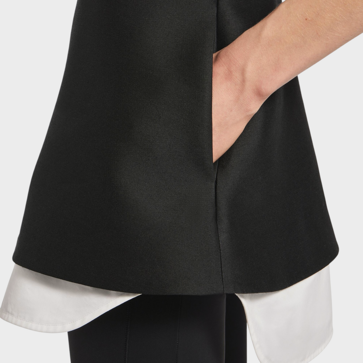 Tasoni Balenciaga black wool and silk hybrid shirt dress featuring a side pocket detail