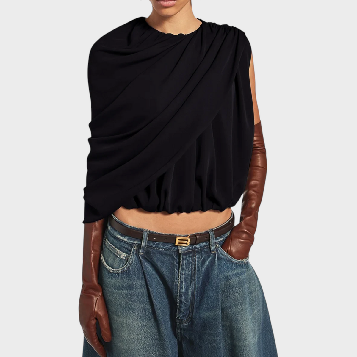 Tasoni Balenciaga black silk draped cape top with a gathered hem worn with brown leather gloves and denim jeans