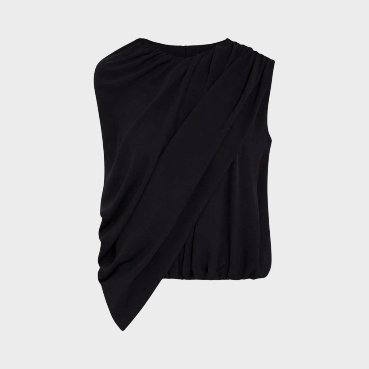 Tasoni Balenciaga black silk sleeveless top with elegant draped cape detail and gathered hem