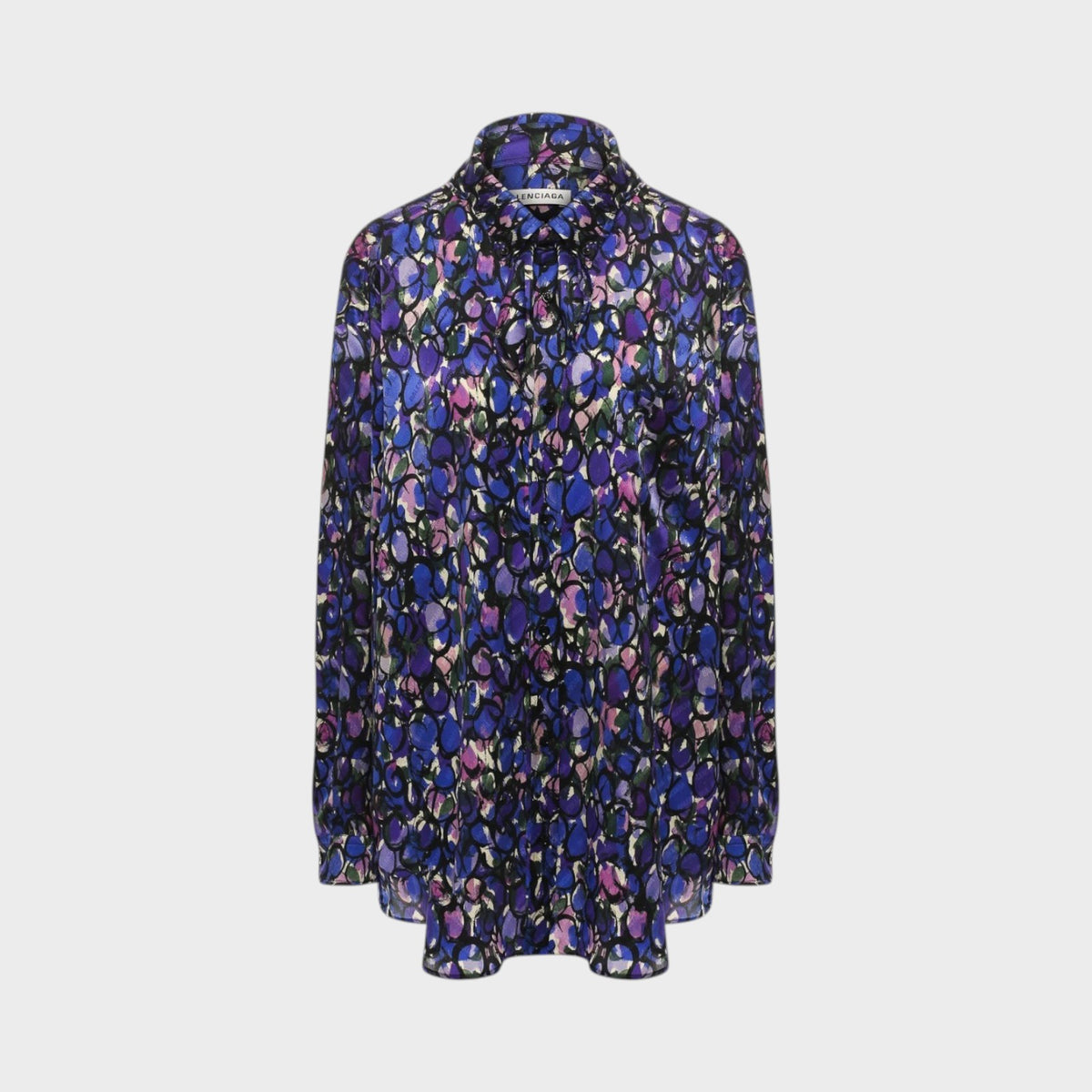 Tasoni Balenciaga black silk jacquard blouse featuring a vibrant purple and blue painted ovals pattern.