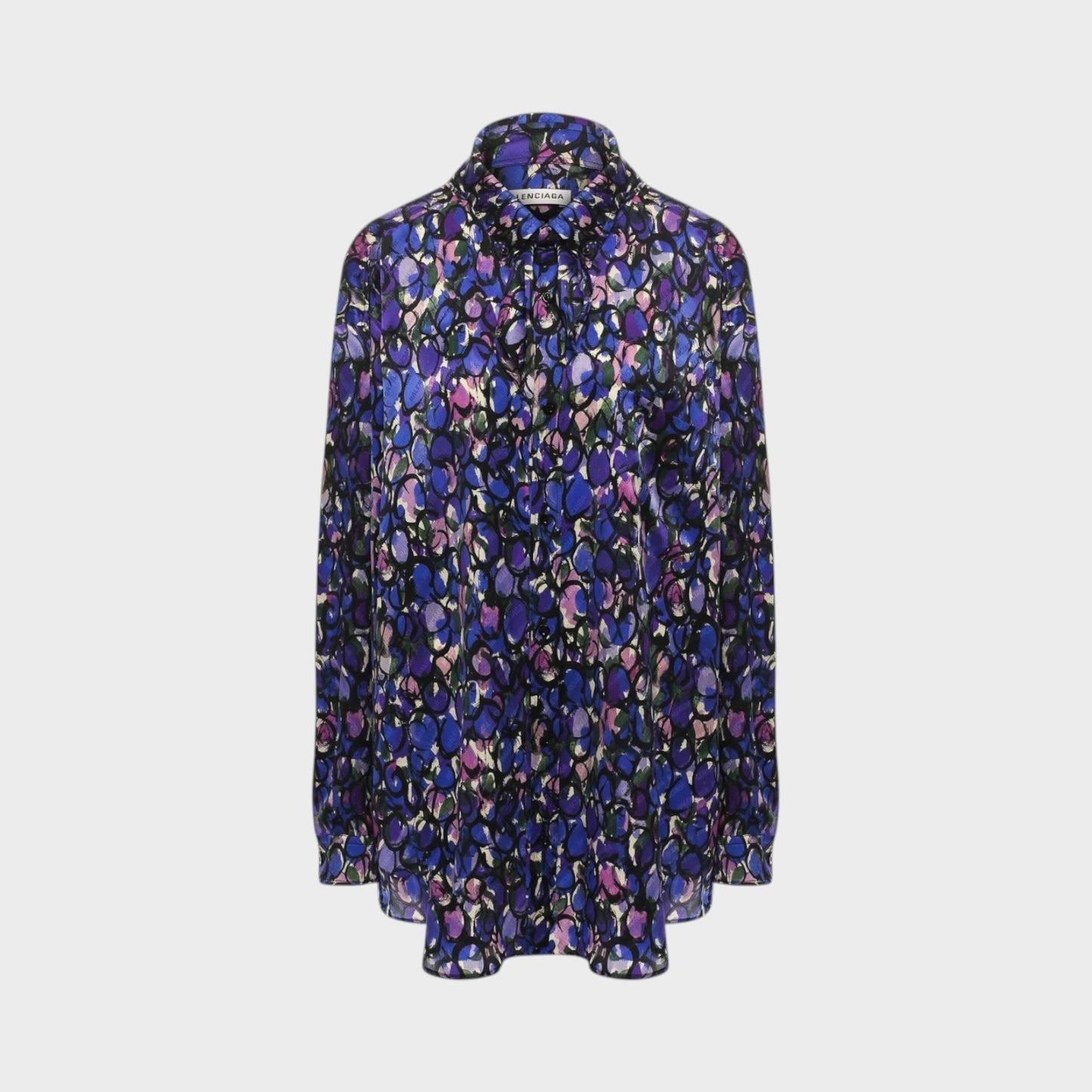 Tasoni Balenciaga black silk jacquard blouse featuring a vibrant purple and blue painted ovals pattern.