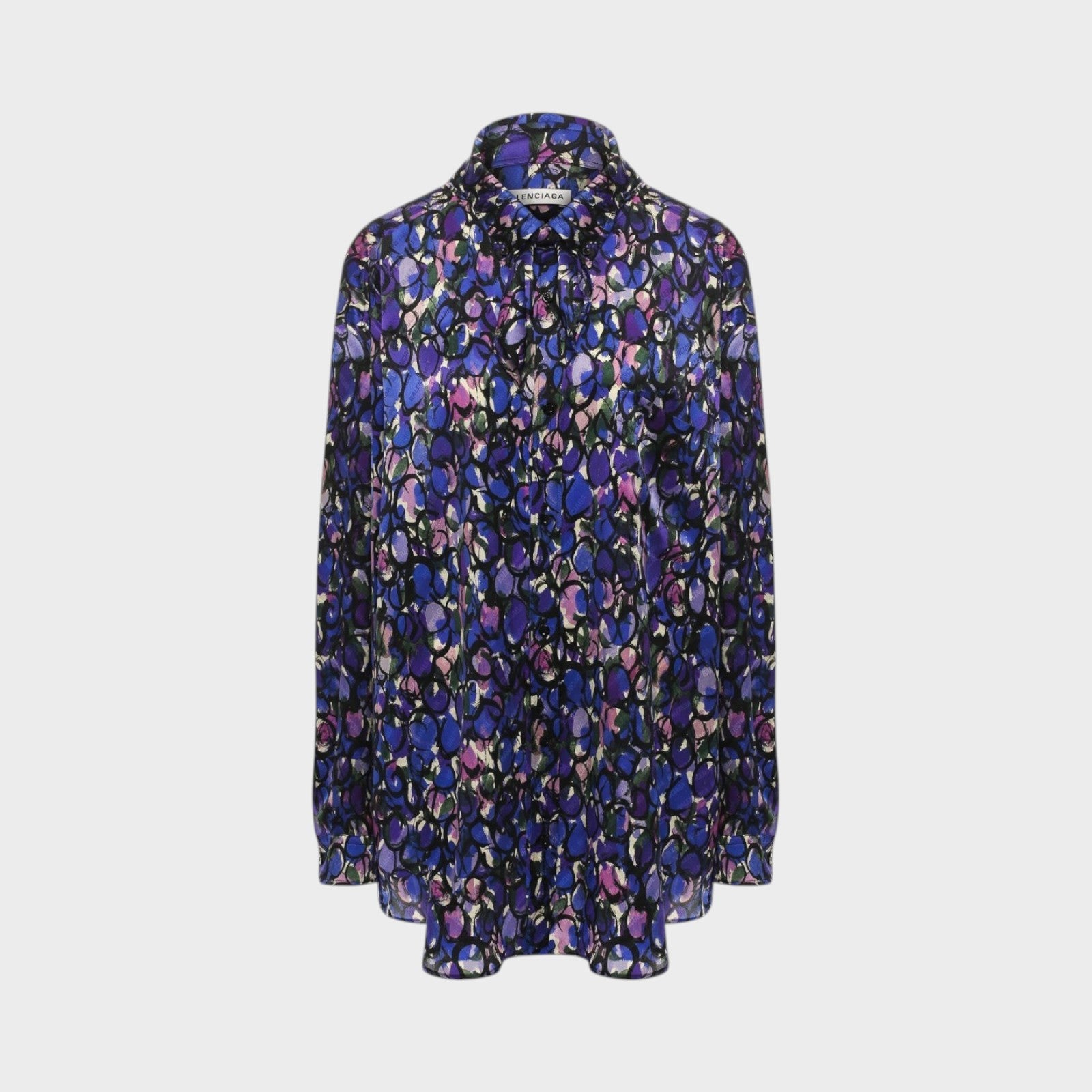 Tasoni Balenciaga black silk jacquard blouse featuring a vibrant purple and blue painted ovals pattern.