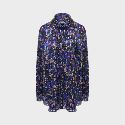 Tasoni Balenciaga black silk jacquard blouse featuring a vibrant purple and blue painted ovals pattern.