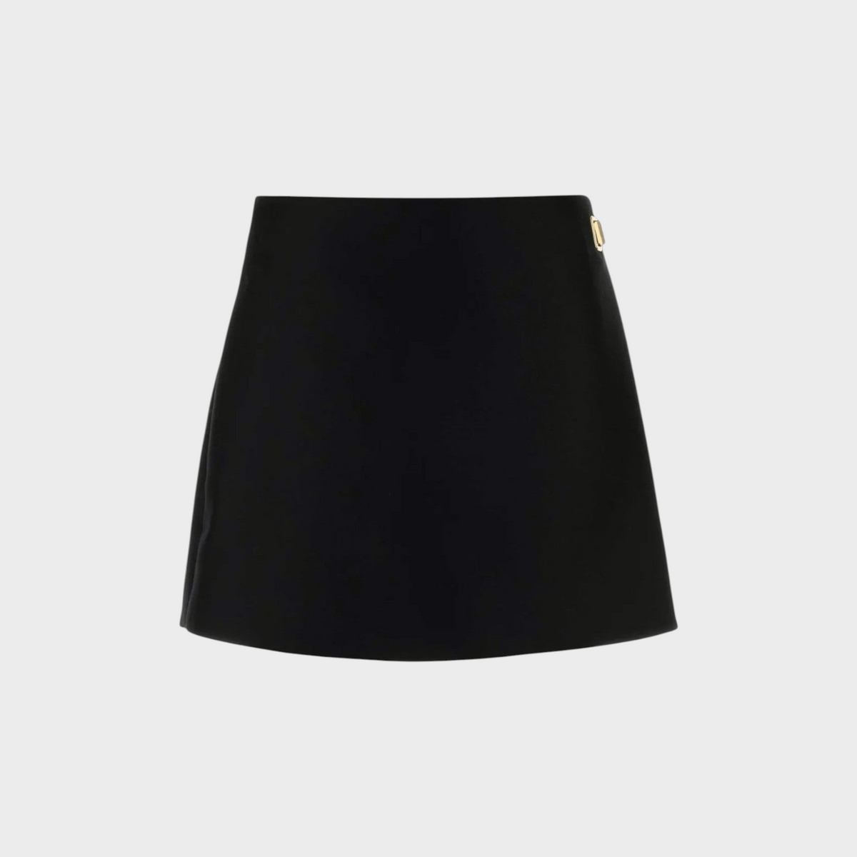Tasoni Balenciaga black wool and silk mini skirt featuring a gold-tone side hardware detail.