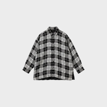 Tasoni Balenciaga oversized black and white check shirt in cotton and silk with sequin embroidery